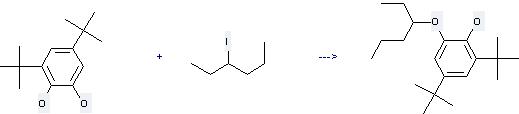 Hexane, 3-iodo- can react with 3, 5-Di-tert-butyl-benzene-1, 2-diol to get 2, 4-Di-tert-butyl-6-(1-ethyl-butoxy)-phenol.